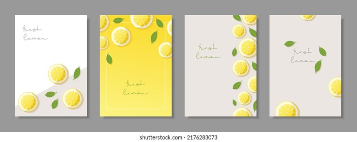 Set of 4 cards with fresh lemon slices. Flyers with citrus fruits in a minimalist style. Creative layouts with lemons and leaves. Vitamin C. Top view.Copy space.Stock vector illustration in flat style