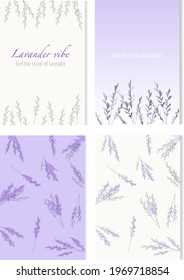 set of 4 cards with the herbal theme. lavender style. 