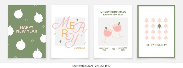 Set of 4 cards for New Year holidays. Merry Christmas cards with champagne glass. Vector card for winter holidays.