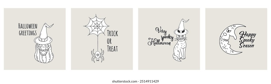 Set of 4 cards or posters with cute Halloween illustrations and greeting texts. Hand drawn spooky clipart bundle.