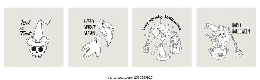 Set of 4 cards or posters with cute Halloween illustrations and greeting texts. Hand drawn spooky clipart bundle.