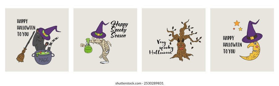 Set of 4 cards or posters with cute Halloween illustrations and greeting texts. Hand drawn spooky clipart bundle.