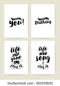 Set of 4 cards or posters with typography. Usable as flyer, banner or postcard. Vector lettering design. Scrapbooking or journaling cards with quotes.