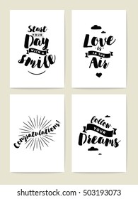 Set of 4 cards or posters with typography. Usable as flyer, banner or postcard. Vector lettering design. Scrapbooking or journaling cards with quotes.
