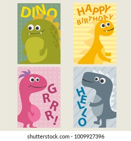 Set of 4 cards templates with dinosaurs for birthday, invitations, scrapbooking