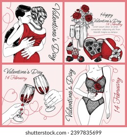 Juego de 4 tarjetas para el Día de San Valentín. Cena festiva, enamorados de rosas, vasos de vino en las manos, ropa interior de encaje con rosa
