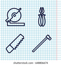 Set of 4 carpentry outline icons such as saw, circular saw, pliers