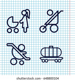 Set of 4 carriage outline icons such as baby stroller, cargo wagon, woman with baby carriage