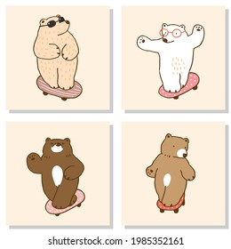 Conjunto de 4 personajes de oso de dibujos animados con ilustraciones de placa de patines en fondos aislados