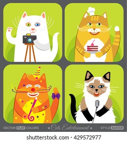 Set of 4 cartoon cat characters, avatars. Party entertainment theme.
Flat colors. Smartly grouped and layered.