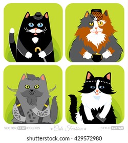 Set of 4 cartoon cat characters, avatars. Fashion, style theme.
Flat colors. Smartly grouped and layered.
