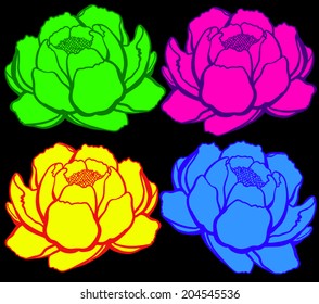 Set 4 cartoon lily open, different colors