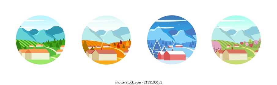 Set of 4 cartoon nature backgrounds and landscapes with different seasons. Village in mountains different seasons. Collection of nature fields, forests, mountains of different seasons for stickers