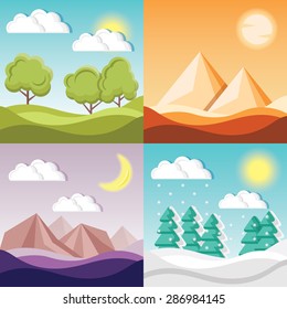 Set of 4 cartoon nature backgrounds and landscapes with different seasons. Fields and forest, desert with pyramids, night mystery canyon with mountains, winter forest. Beautiful vector illustrations