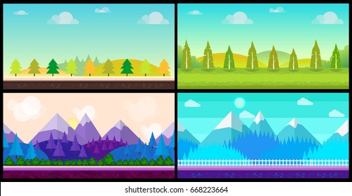 Set of 4 cartoon nature backgrounds and landscapes with different seasons. Beautiful vector illustrations for your design.