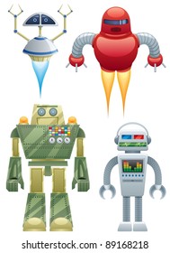 Set of 4 cartoon robots over white background.