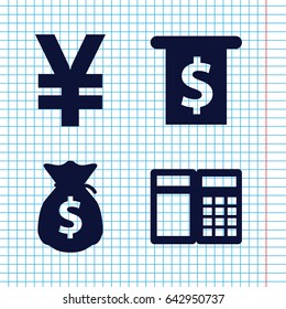 Set of 4 cash filled icons such as money sack, atm, money in atm