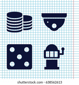Set of 4 casino filled icons such as coin, dice, security camera