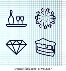 Set of 4 celebrate outline icons such as piece of cake, fireworks, wine bottle and glass