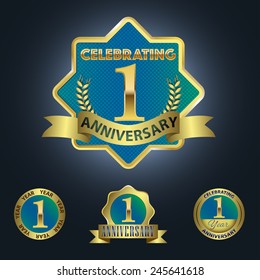 Set of 4 - Celebrating 1 Year Anniversary - Golden and Blue Laurel Wreath Seal with Golden Ribbon  - Layered EPS 10 Vector