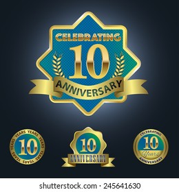 Set of 4 - Celebrating 10 Years Anniversary - Golden and Blue Laurel Wreath Seal with Golden Ribbon  - Layered EPS 10 Vector