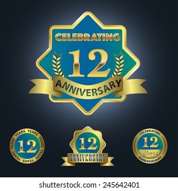 Set of 4 - Celebrating 12 Years Anniversary - Golden and Blue Laurel Wreath Seal with Golden Ribbon  - Layered EPS 10 Vector