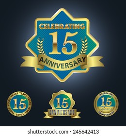 Set of 4 - Celebrating 15 Years Anniversary - Golden and Blue Laurel Wreath Seal with Golden Ribbon  - Layered EPS 10 Vector