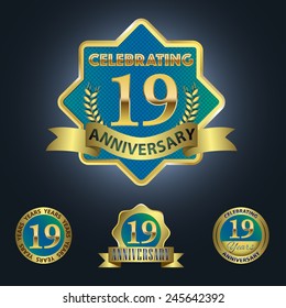 Set of 4 - Celebrating 19 Years Anniversary - Golden and Blue Laurel Wreath Seal with Golden Ribbon  - Layered EPS 10 Vector