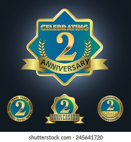 Set of 4 - Celebrating 2 Years Anniversary - Golden and Blue Laurel Wreath Seal with Golden Ribbon  - Layered EPS 10 Vector