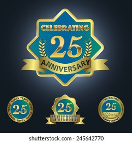 Set of 4 - Celebrating 25 Years Anniversary - Golden and Blue Laurel Wreath Seal with Golden Ribbon  - Layered EPS 10 Vector