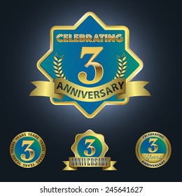 Set of 4 - Celebrating 3 Years Anniversary - Golden and Blue Laurel Wreath Seal with Golden Ribbon  - Layered EPS 10 Vector