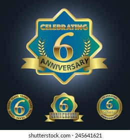 Set of 4 - Celebrating 6 Years Anniversary - Golden and Blue Laurel Wreath Seal with Golden Ribbon  - Layered EPS 10 Vector