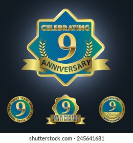 Set of 4 - Celebrating 9 Years Anniversary - Golden and Blue Laurel Wreath Seal with Golden Ribbon  - Layered EPS 10 Vector