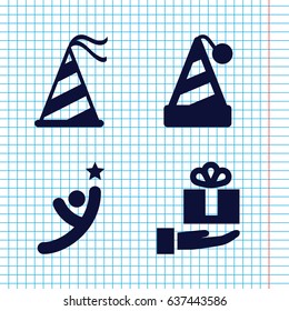 Set of 4 celebrating filled icons such as party hat, gift on hand