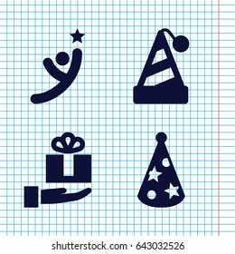 Set of 4 celebrating filled icons such as party hat, gift on hand