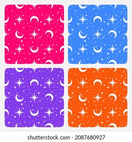 Set of 4 celestial colorful seamless pattern.