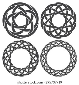 Set of 4 Celtic knotting rings with intricate striped braiding. Circular decorative elements perfect for logos, borders, invitations, and vintage or medieval-style design projects.