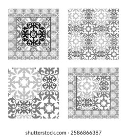 Set of 4 ceramic tiles, seamless patterns with decorative ornaments. Ceramic tile in talavera style. Azulejo tiles. Portuguese, Spain decor. Islam, Arabic, Indian, Ottoman motif. For ceramic tile