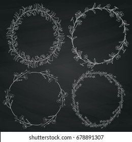 Set of 4 Chalk Drawing Doodle Hand Drawn Decorative Outlined Wreaths with Branches, Herbs, Plants, Leaves and Flowers, Florals on Chalkboard Texture. Vector Illustration. Frames, Circles