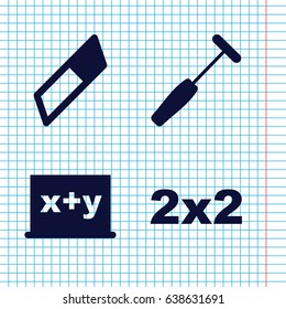 Set of 4 chalkboard filled icons such as medical hammer, blackboard, eraser