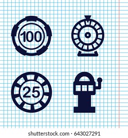 Set of 4 chance filled icons such as 25 casino chip, 100 casino chip, roulette