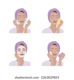 Set of 4 characters for beauty and skin care concept. Young woman washing face, moisturizing, applying mask and cream. Can be used for cosmetology, hygiene, washing up, spa logo designs.