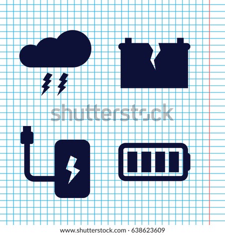 Set of 4 charge filled icons such as ful battery, broken battery, thunderstorm