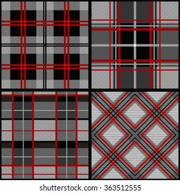 Set of 4 checkered black, grey and red seamless patterns. Retro textile collection. Backgrounds & textures shop.