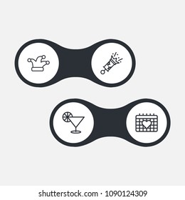 Set of 4 cheerful icons line style set. Collection of clown cap, calendar, petard and other elements.