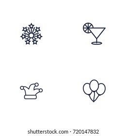 Set Of 4 Cheerful Outline Icons Set.Collection Of Jester, Balloon, Cocktail And Other Elements.