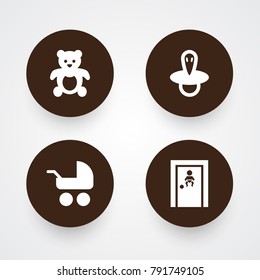 Set Of 4 Child Icons Set.Collection Of Room, Teat, Pram And Other Elements.
