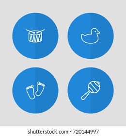 Set Of 4 Child Outline Icons Set.Collection Of Rubber, Footprints, Drum And Other Elements.