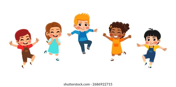 set 4 children jumping happily in vector illustration style