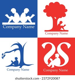 set of 4 of children reading education organisation logo for business vector in red ,blue and white